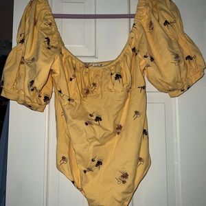 Free People Yellow Floral Puff Sleeve Bodysuit